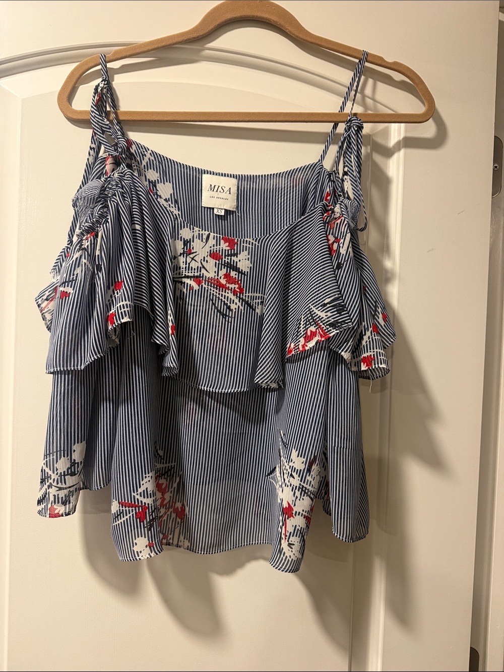 Misa Los Angeles Blue and White Striped Floral Cold-Shoulder Camisole